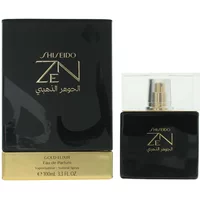 Shiseido Zen Gold Elixir Eau De Parfum 100ml, black square bottle with gold accents, matching black and gold box.
