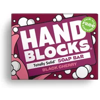 Hand Blocks soap bar in black cherry scent, bold pink packaging with bubbles and white text.