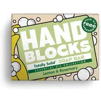 Hand Blocks soap bar in green packaging with lemon and rosemary graphics, labeled "Totally Solid" and "Palm Oil Free".