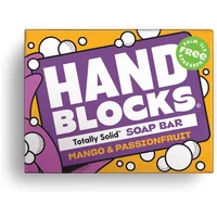 Hand Blocks soap bar box, purple and orange with bubbles, labeled Mango & Passionfruit, palm oil free.