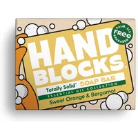 Shower Blocks Hand Blocks soap bar, Sweet Orange & Bergamot, in orange packaging with bubble graphics.