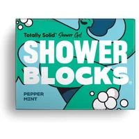 Shower Blocks solid shower gel, teal box with abstract blue-green design, labeled "Pepper Mint."