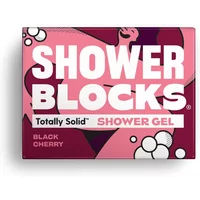 Shower Blocks Solid Shower Gel Black Cherry, pink and burgundy packaging with bold white text and bubble graphics.
