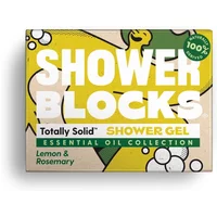 Shower Blocks solid shower gel box with lemon and rosemary design, featuring bold white text and green accents.