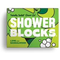 Shower Blocks solid shower gel box, lime and sandalwood, green and yellow design with bold white text.