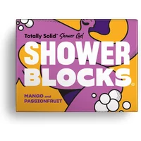 Shower Blocks solid shower gel in purple and orange box with mango and passionfruit design.