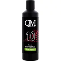 Black bottle of QM Sports bergamot shower gel with pink dots and green label, marked QM10.