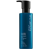 Blue Shu Uemura Muroto Volume Conditioner 250ml bottle with black pump dispenser and white text.