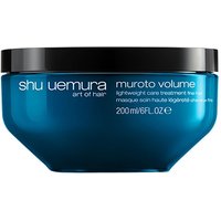 Blue Shu Uemura hair masque jar with black lid, labeled "Muroto Volume" and "200ml/6fl.oz" in white text.