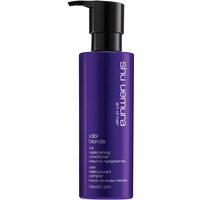 Purple Shu Uemura Yubi Blonde conditioner bottle with black pump dispenser, 250ml, sleek design.