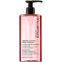 Shu Uemura Delicate Comfort Cleansing Oil 400ml in a pink pump bottle with black dispenser and white text.