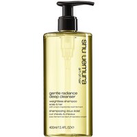Shu Uemura Gentle Radiance Cleansing Oil 400ml, translucent yellow bottle with black pump and minimalist label.