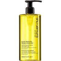 Yellow bottle of Shu Uemura Pure Serenity Cleansing Oil, 400ml, with black pump dispenser and bold black text.