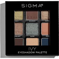 Sigma Beauty Ivy Eyeshadow Palette with nine shades in a black square case, featuring metallic and matte colors.