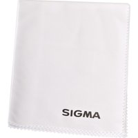 White Sigma microfiber lens cleaning cloth with black logo and zigzag edges.