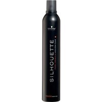 Black Silhouette Super Hold Mousse 500ml canister with white and red text, sleek design, and black cap.