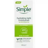 White and green Simple Kind To Skin Hydrating Light Moisturiser 125ml bottle with vitamin B5 and E label.