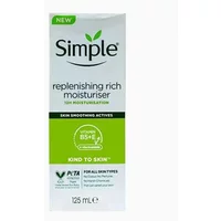 Simple Kind To Skin Replenishing Rich Moisturiser 125ml, white tube with green leaf logo and green accents.