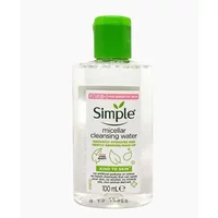 Clear bottle of Simple Kind To Skin Micellar Cleansing Water, green cap, 400ml, with green and pink label accents.
