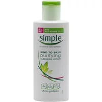 White bottle of Simple Purifying Cleansing Lotion, 200ml, with green cap and leaf design on label.