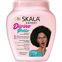 Pink Skala Divino Potao hair treatment jar, 1000g, featuring illustration of a woman with curly hair.