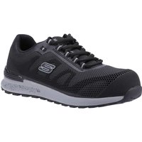 Black Skechers Bulklin Bragoo safety shoe with mesh upper, lace-up design, and reinforced toe.