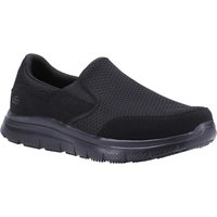 Black Skechers McAllen slip-resistant wide fit shoes with mesh upper and cushioned sole.