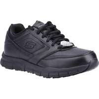Black Skechers Nampa Wyola women's work trainers with lace-up design, cushioned sole, and logo on the side.