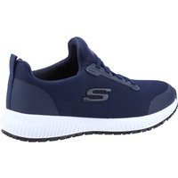 Navy blue Skechers workwear shoe with slip-resistant sole, lace-up design, and cushioned collar, size 6.