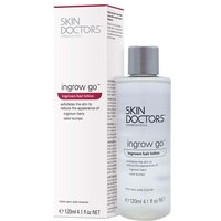 Clear bottle of Skin Doctors Ingrow Go Treatment 120ml with white box, red accents, and black text.