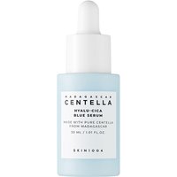Hyalu-Cica Blue Serum in a light blue bottle with a white dropper cap, labeled for dry, dehydrated skin.