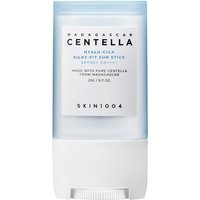 White and blue Skin1004 Hyalu-Cica Silky-Fit Sun Stick with clear cap and minimalist design.