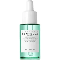 Clear glass bottle with white dropper, green liquid, and white label reading "Madagascar Centella Tea-Trica Relief Ampoule."