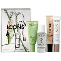 Skincare set with green peel, micellar water, CC cream, and SOS cream in a branded box with botanical design.