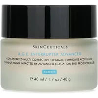 SkinCeuticals A.G.E. Interrupter Advanced cream in a frosted jar with black lid and blue text detailing.