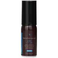 Dark brown bottle with black cap, labeled "SkinCeuticals AOX+ Eye Gel 15ml" in blue and white text.