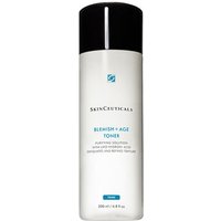 White cylindrical bottle of SkinCeuticals Blemish + Age Toner with black cap and blue logo.