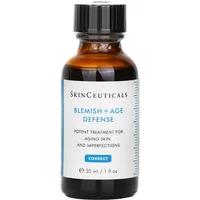 SkinCeuticals Blemish & Age Defence serum in amber bottle with black cap and blue-accented label, 30ml size.