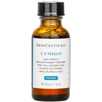 Amber glass bottle with black cap, white label, blue and black text, SkinCeuticals C E Ferulic antioxidant serum 30ml.