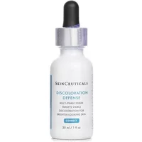 White bottle with dropper cap labeled "SkinCeuticals Discoloration Defence Multi-Phase Serum 30ml" in blue and black text.