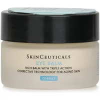 SkinCeuticals Eye Balm 14g in a round beige jar with a black lid, labeled for aging skin correction.