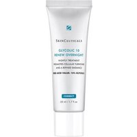 White SkinCeuticals night cream tube with blue logo and text, 50ml, labeled Glycolic 10 Renew Overnight.