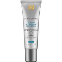 Silver tube of SkinCeuticals Oil Shield UV Defence Sunscreen SPF 50, 30ml, with yellow "50" and blue accents.