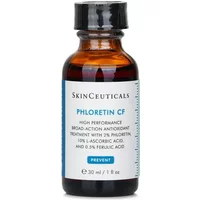 SkinCeuticals Phloretin CF serum in brown glass bottle with black cap, blue and white label detailing ingredients.