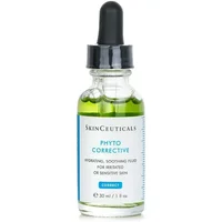 Clear glass bottle with dropper, green liquid, SkinCeuticals label, Phyto Corrective Hydrating Soothing Fluid, 30ml.