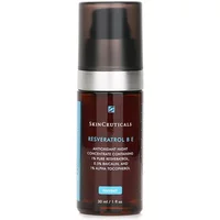 Dark brown bottle with black pump, silver band, and blue label, labeled "SkinCeuticals Resveratrol B E" 30ml.
