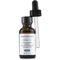 Brown glass bottle with dropper, labeled "SkinCeuticals Serum 10," featuring blue and white text, 30ml size.