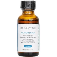 Brown glass bottle with black cap, SkinCeuticals Silymarin CF label, blue and white text detailing ingredients.
