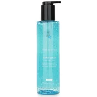 Clear blue gel cleanser in a tall transparent bottle with black pump, labeled "SkinCeuticals Simply Clean Gel."