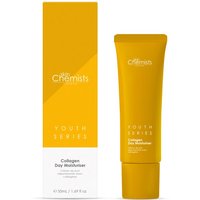 Yellow tube of skinChemists Collagen Day Cream 50ml with matching box, featuring white text and sleek design.